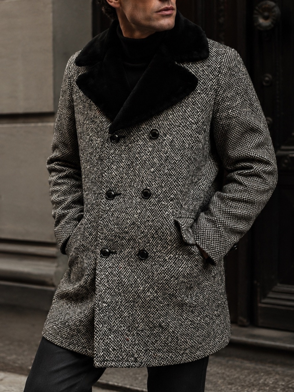 Vintage 1960s Zero King Black Tweed Wool Overcoat Sheared Lined DB Men’s L
